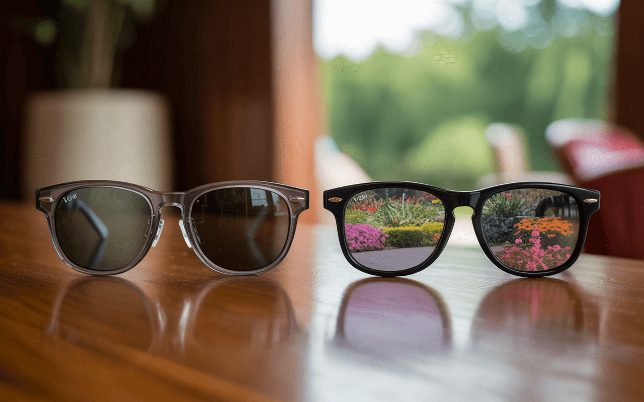Close-up comparison showing V52 lens clarity versus standard sunglasses